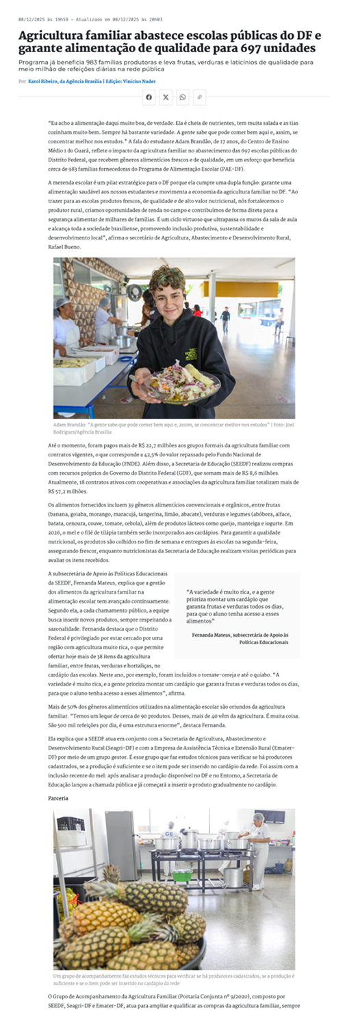Agricultura familiar abastece escolas públicas do DF e garante alimentação de qualidade para 697 unidades